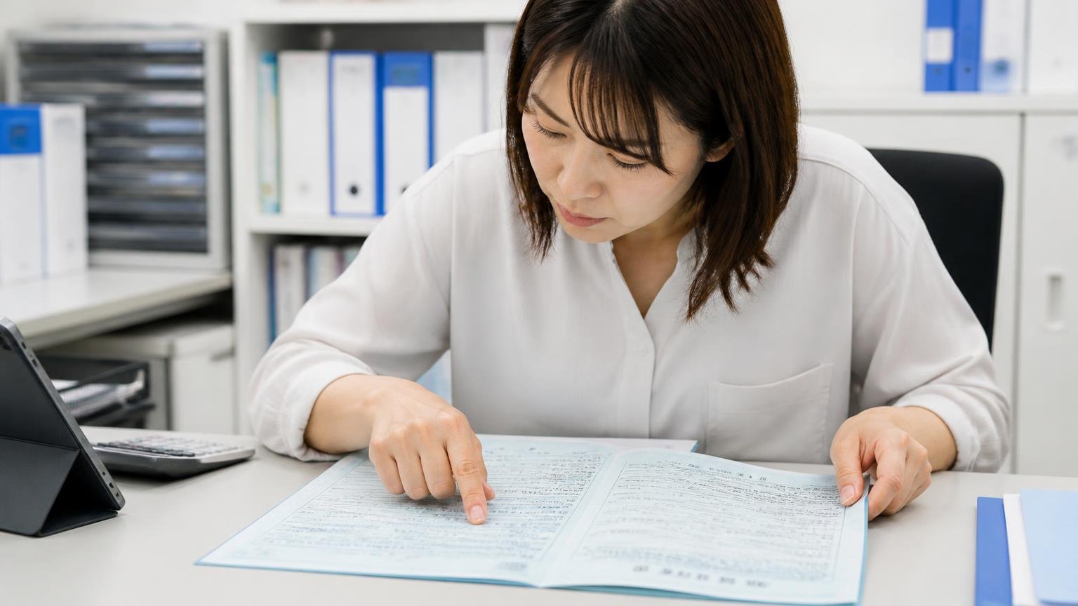 リコール対象かを車台番号で確認する。事務所の机で車検証を広げた女性1人が、番号を指でなぞりながら確認する