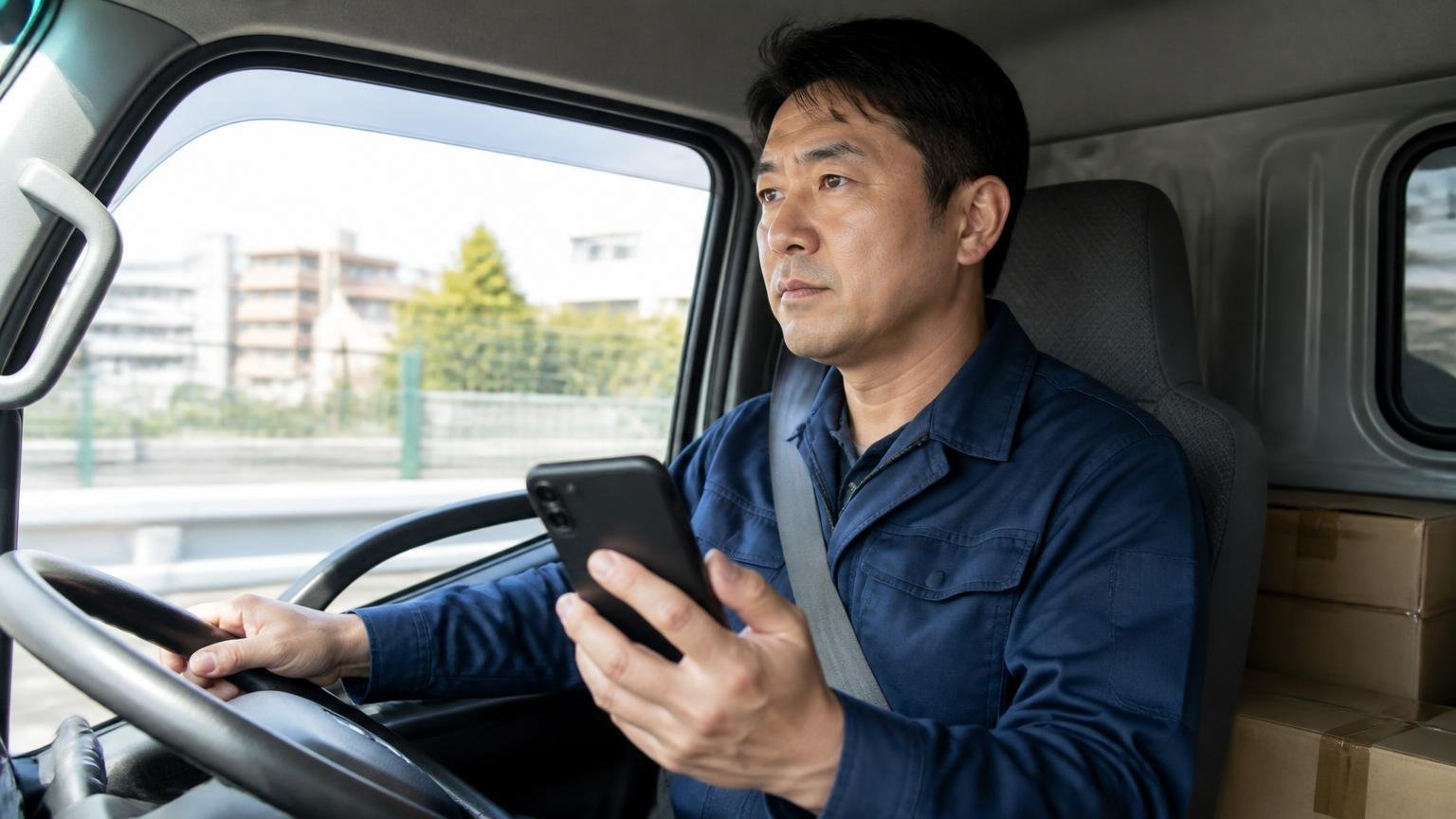 向いていない人。配送中のトラック車内で、40代男性1人が着信を切って前を向き直す
