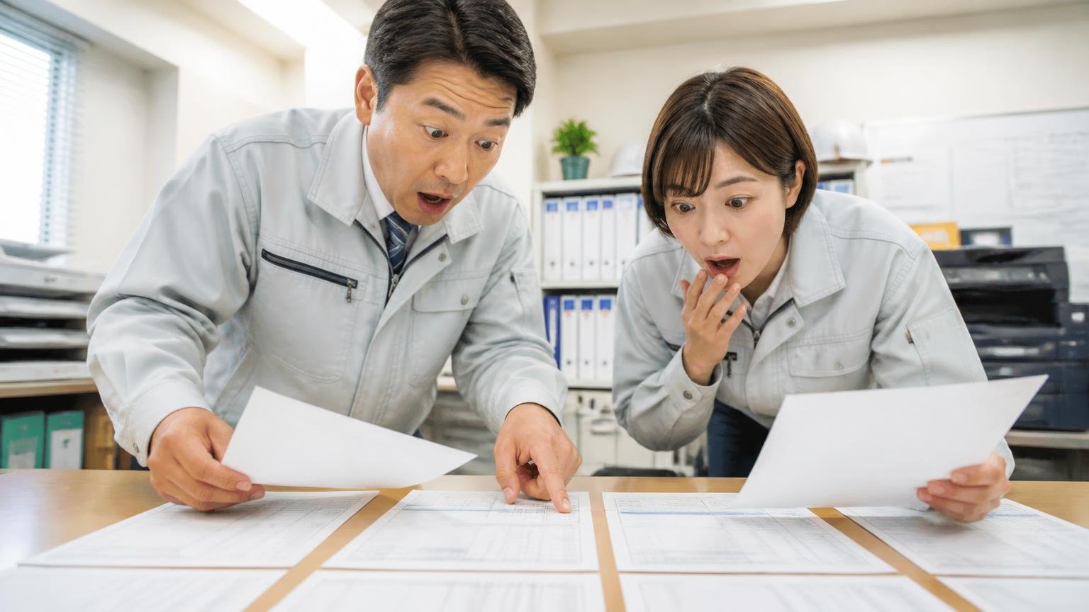 事務所の机に複数の見積書を並べる場面。作業着の男女2人が紙を見比べて驚いた表情を浮かべる