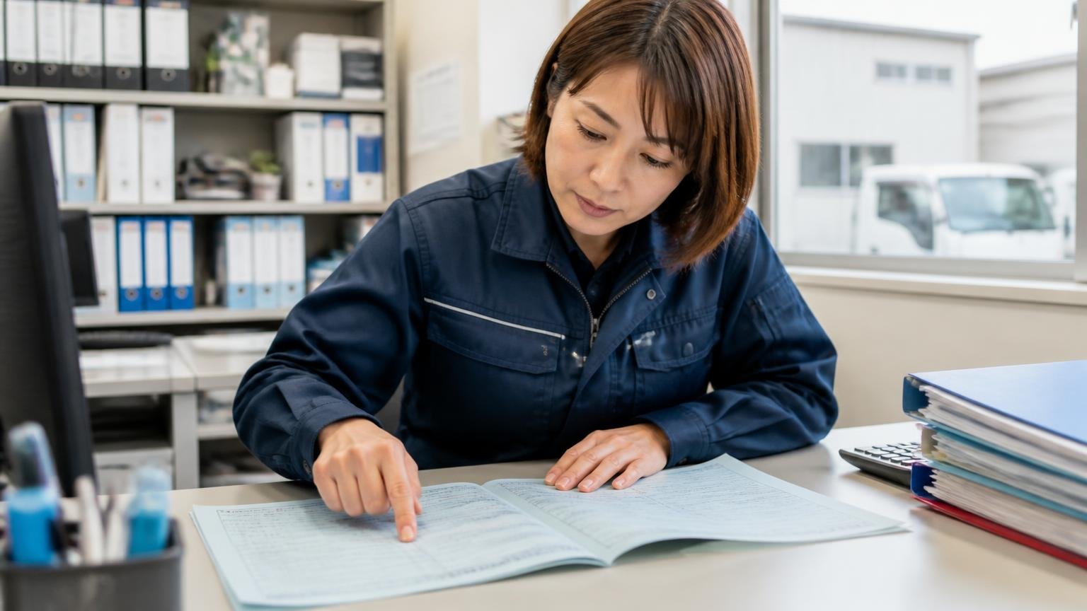 査定前の準備。運送会社の事務所の机に車検証を広げ、所有者欄を指さして確認する女性1人