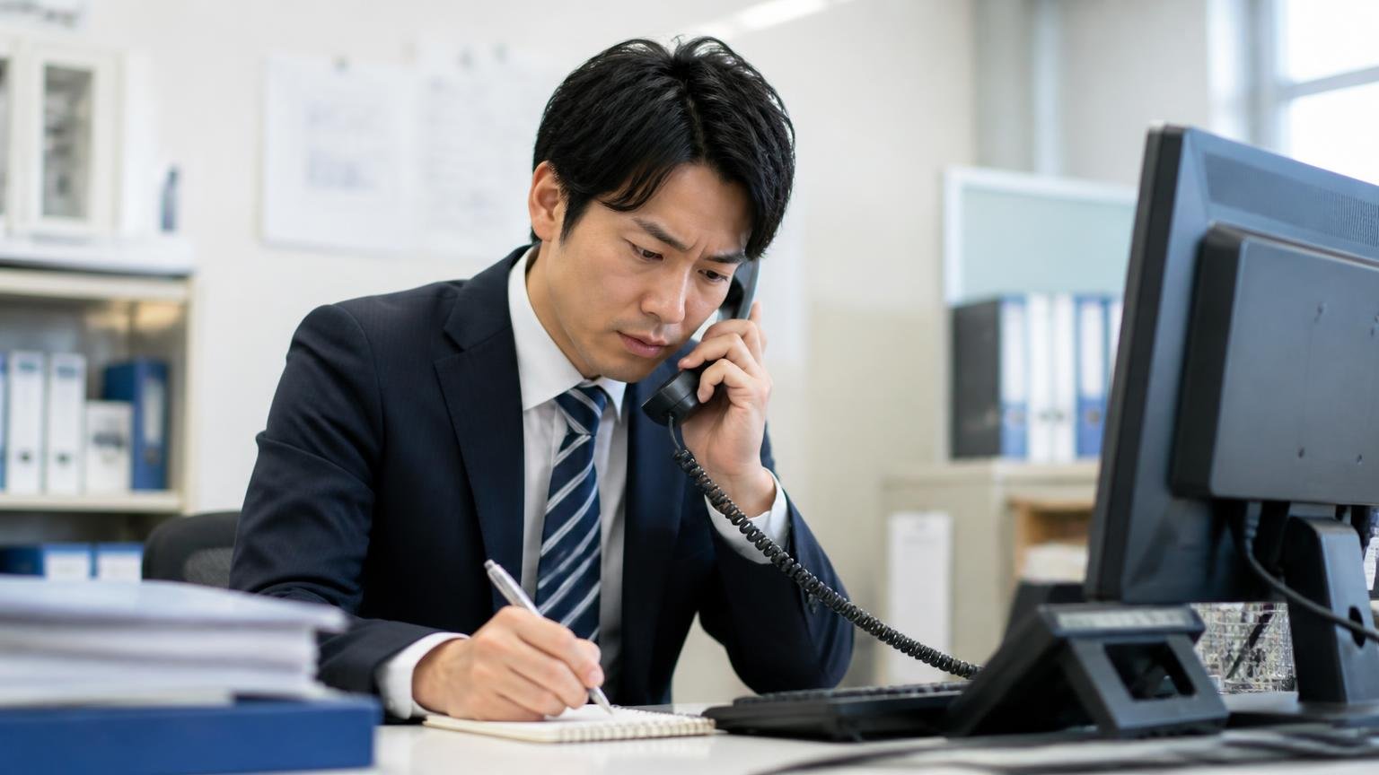 先に確認が必要な人の条件 事務所で電話をかけながらメモを取る男性1人が真剣な表情