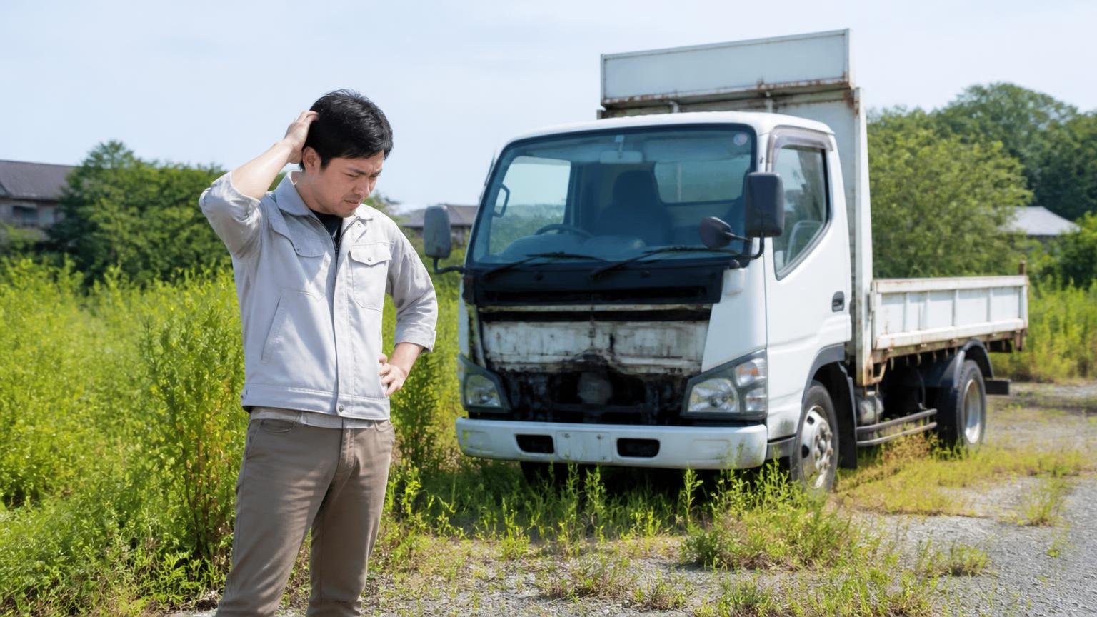 遠方で不動車を抱える人には向かない。雑草が伸びた屋外の空き地で動かないトラックを前に頭をかく男性1人
