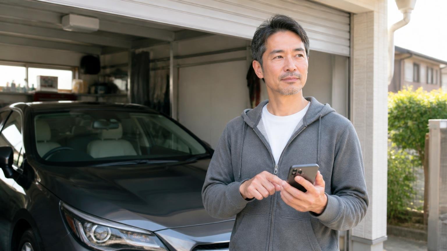 向いていてもいなくても次にやることは同じ。早朝の車庫でスマホを持ち査定を申し込む40代男性1人、吹っ切れた表情