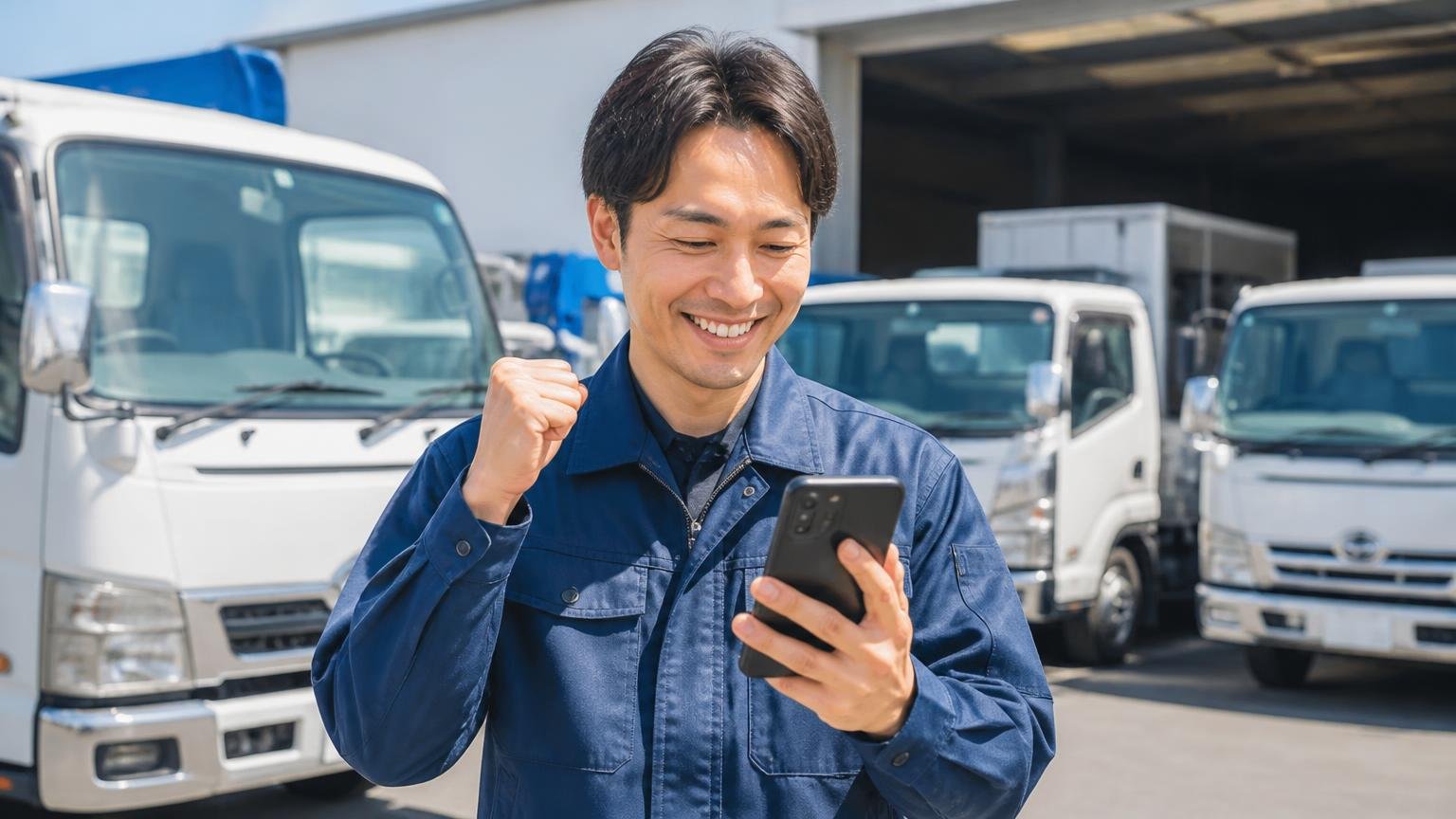 どちらでも次の一手は同じ。営業所の車庫でスマホから査定を申し込む男性1人が晴れやかな表情