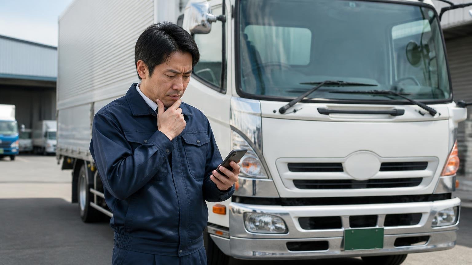 準備③1社目の金額を基準にしない 営業所の車庫に停まった4tトラックの前 男性1人がスマホを見て考え込む