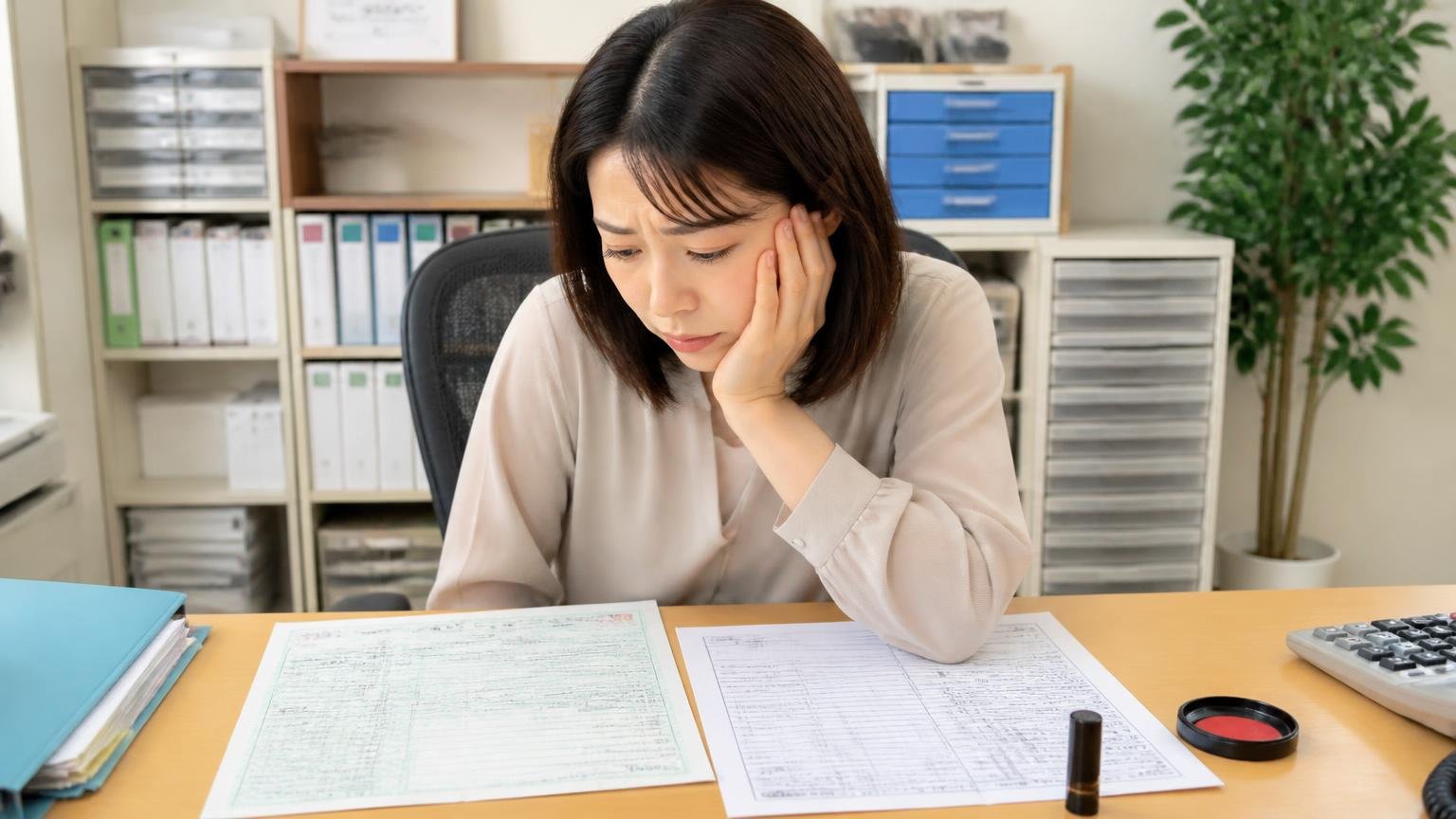 名義変更の代行が無料であることの価値、事務所の机に車検証と印鑑証明を広げてため息をつく女性1人