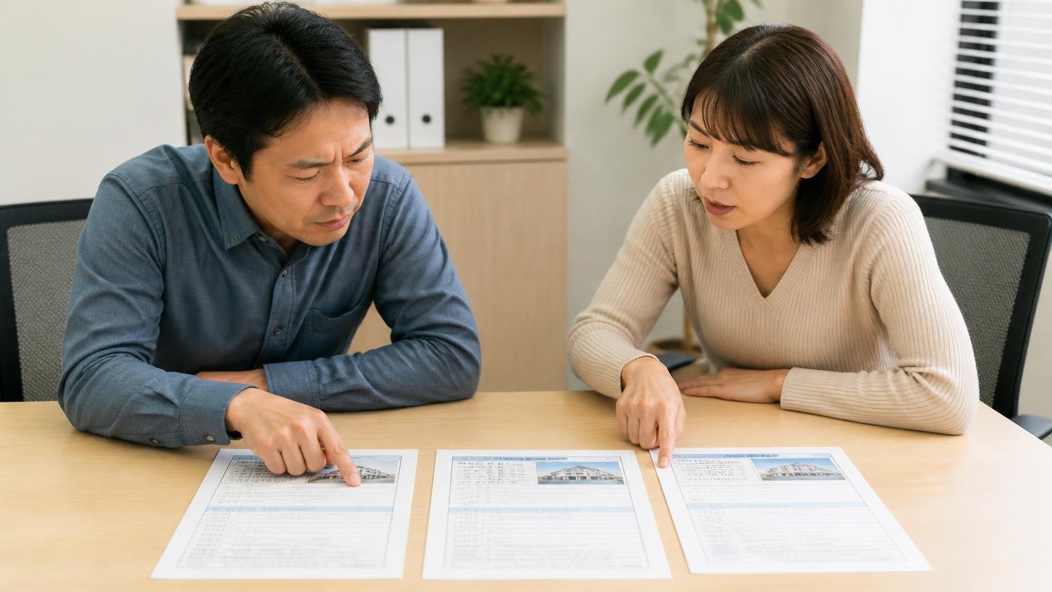 査定額は総額ではなく条件で比べる。事務所で3社の査定書を並べて条件欄を確認する2人が指差し確認