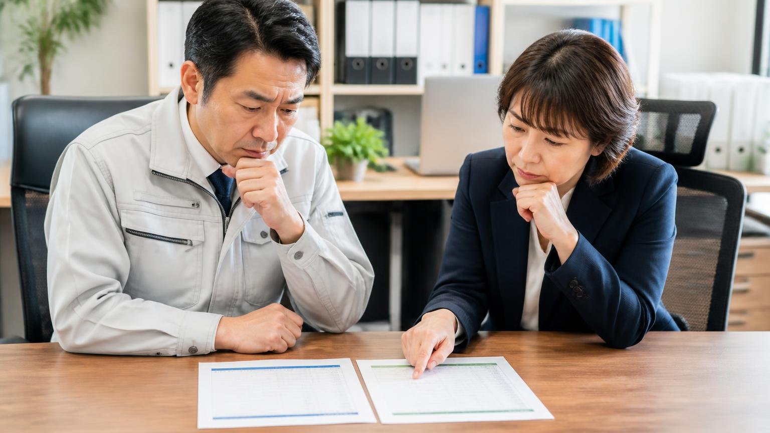 判断に必要なのは修理費と今の価値の2つの数字|事務所の机に2枚の書類を並べて見比べる男女2人