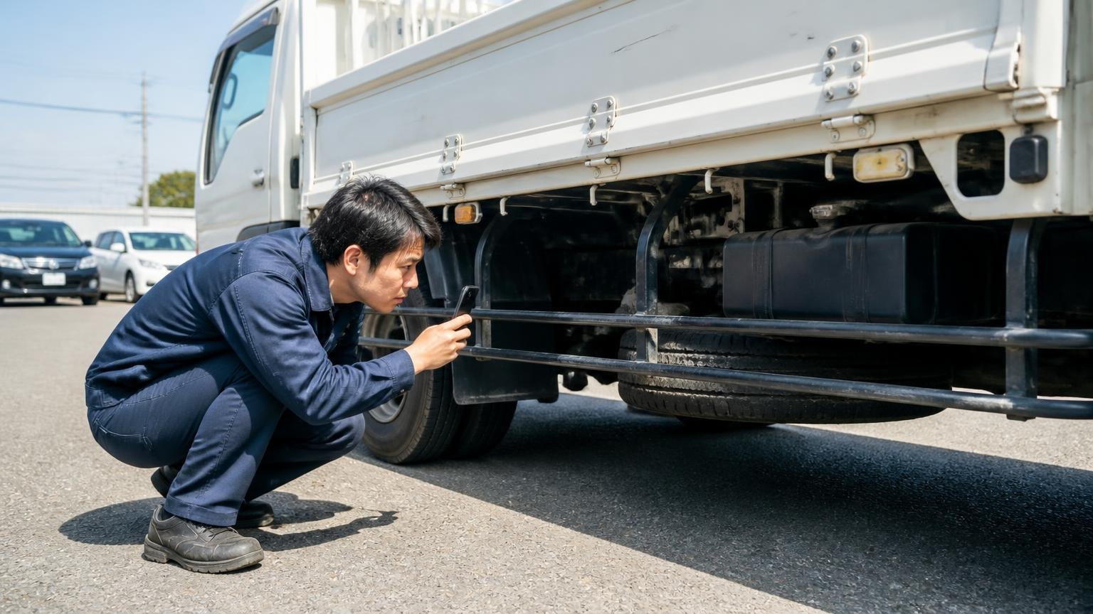 架装・荷台・下回りを写真で記録しておく 屋外でキャンターの荷台の傷をスマホで撮影する 男性1人 しゃがんで下回りをのぞく