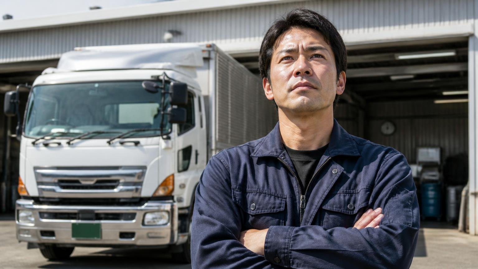 向いていないと判断しても選択肢はなくならない。車庫の大型トラック前で男性1人が前を向き決意の表情
