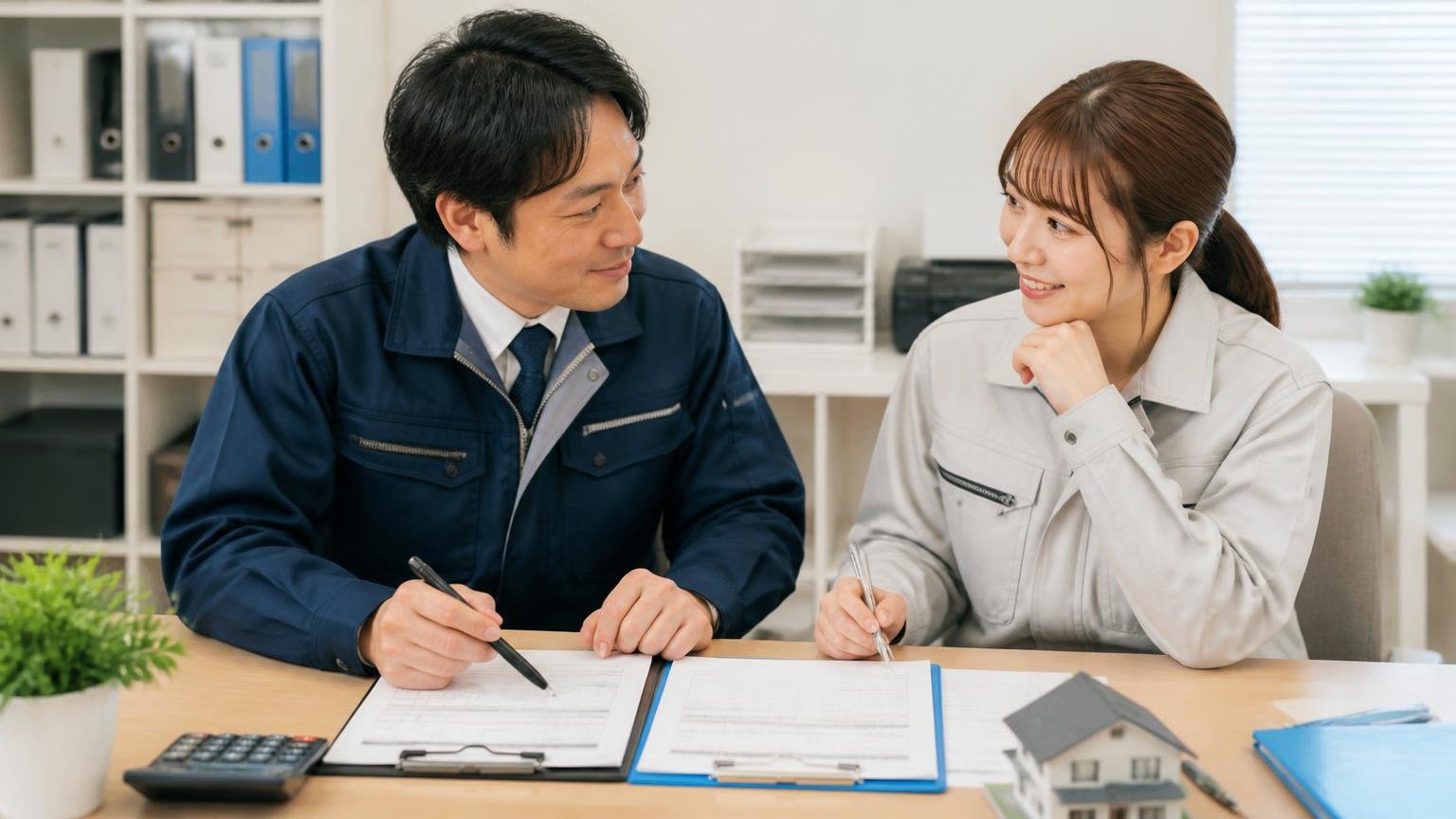 迷ったときの判断基準 事務所の机で査定書とチェックリストを前に男女2人が話し合いうなずく