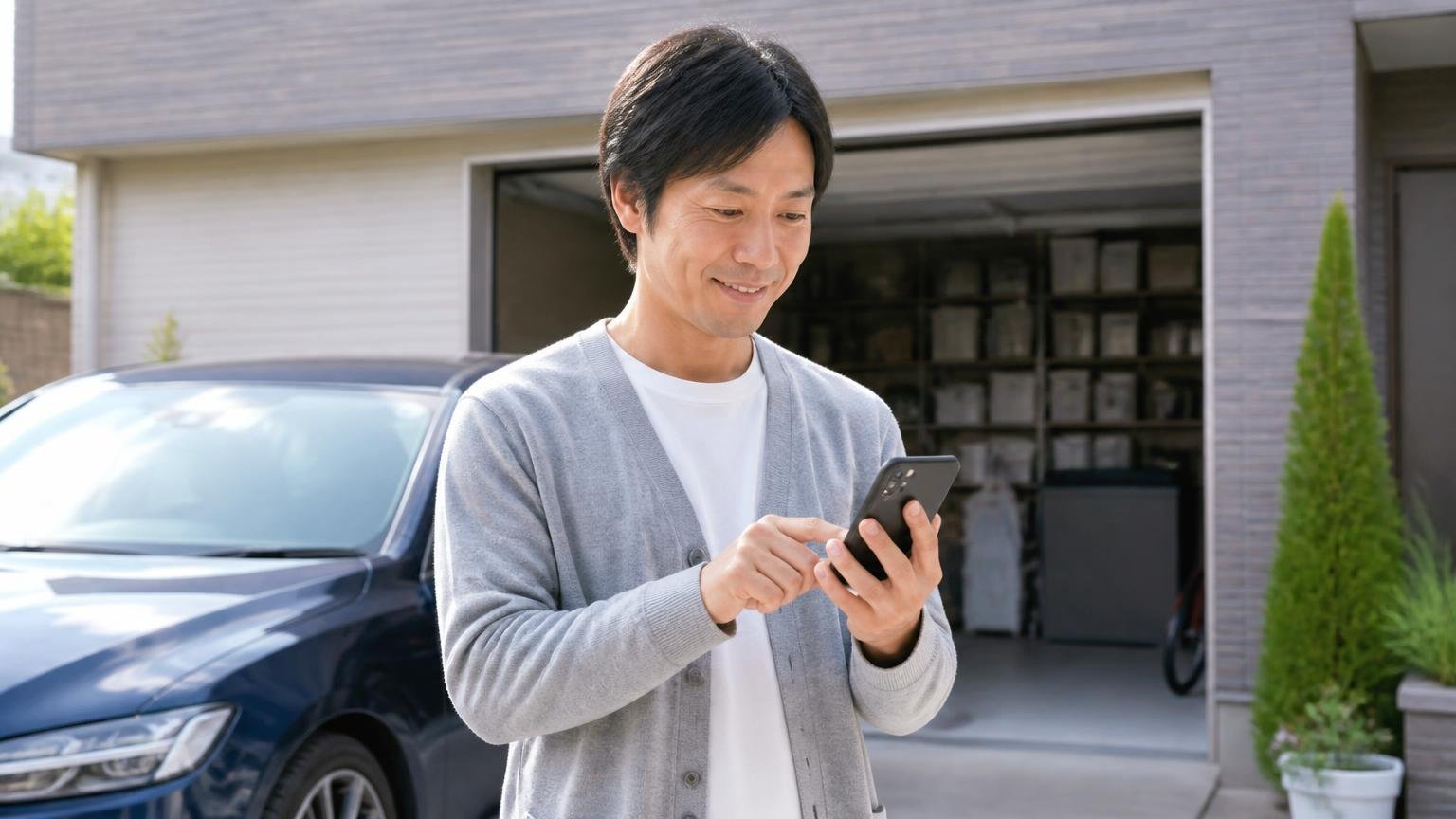 結局、どう動くのが一番損をしないのか 車庫の前でスマホを手に査定の申し込みを進める 1人 迷いの晴れた表情
