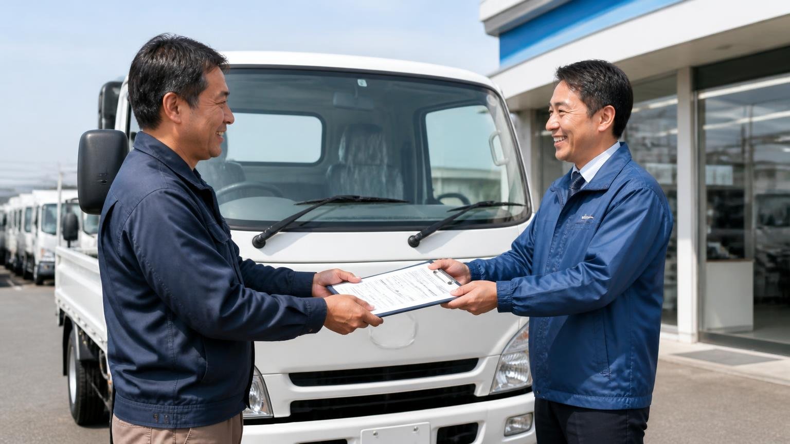 無料で今の値段を教えてくれる買取業者3選/営業所の前でキャンターを査定する場面/男性2人/査定書を手渡して笑顔