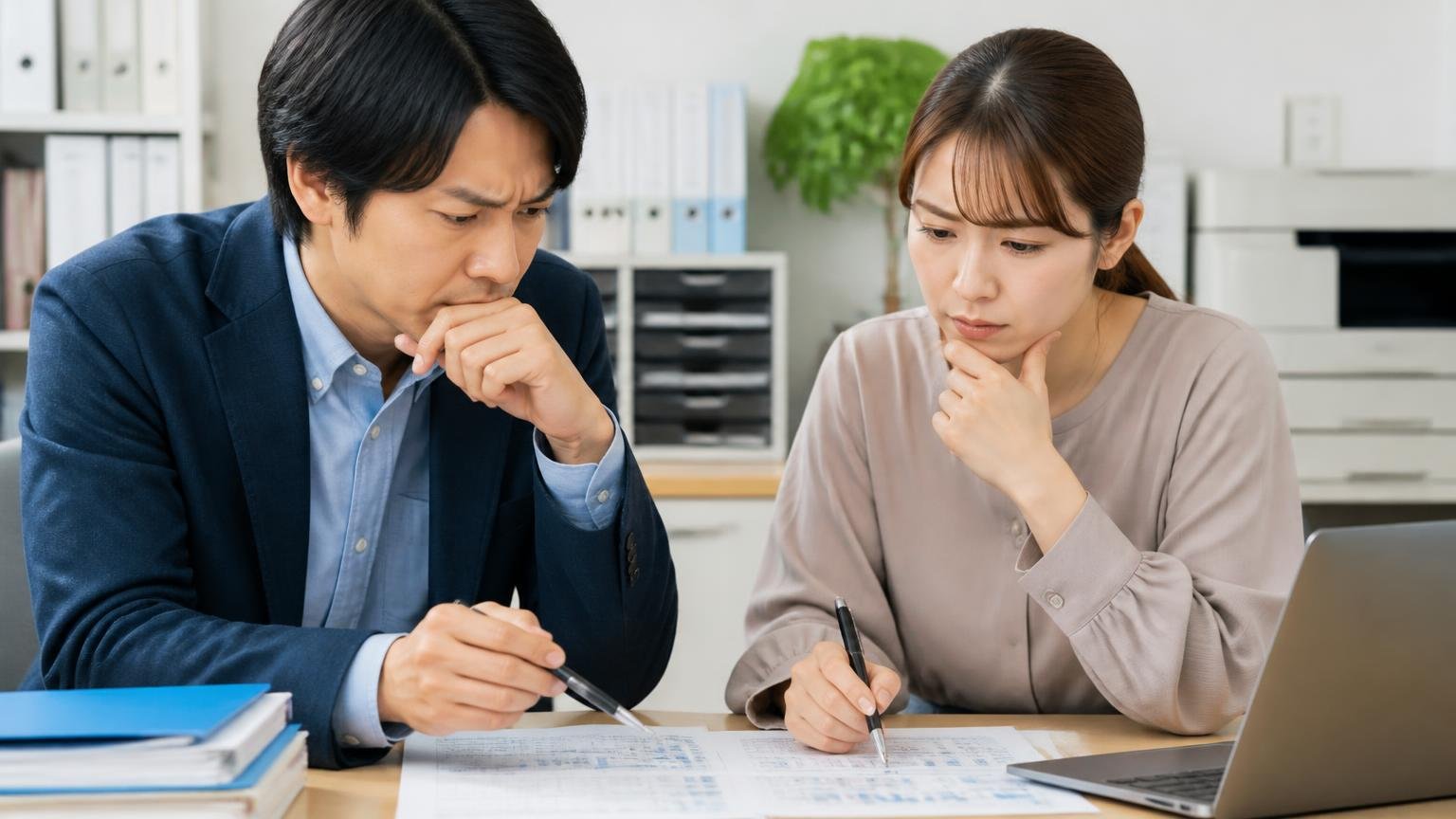 3つの質問で分かるセルフチェック 事務所の机で書類にチェックを入れながら考え込む男女2人