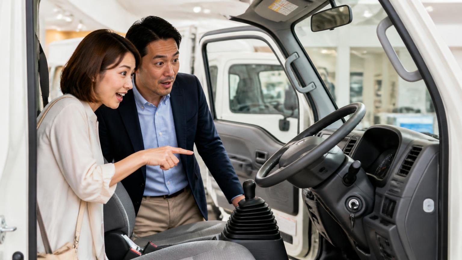 メーカーが変速の改良を続けている。ショールームで新型小型トラックの運転席をのぞく30代女性と40代男性が感心