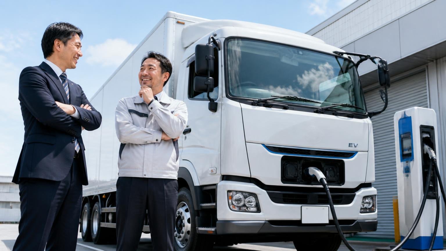 合う現場と合わない現場 自社の車庫に充電設備を設置した敷地で電動トラックを見上げる経営者2人が笑顔で話す