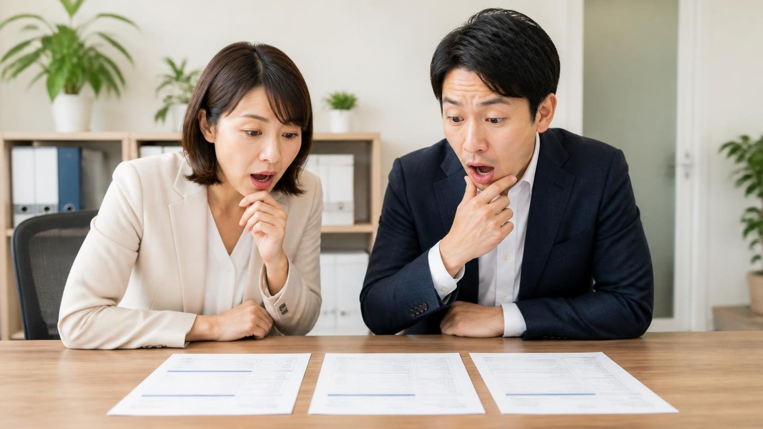 1社だけで決めてはいけない理由。事務所で3枚の見積書を並べて見比べる男女2人が驚く
