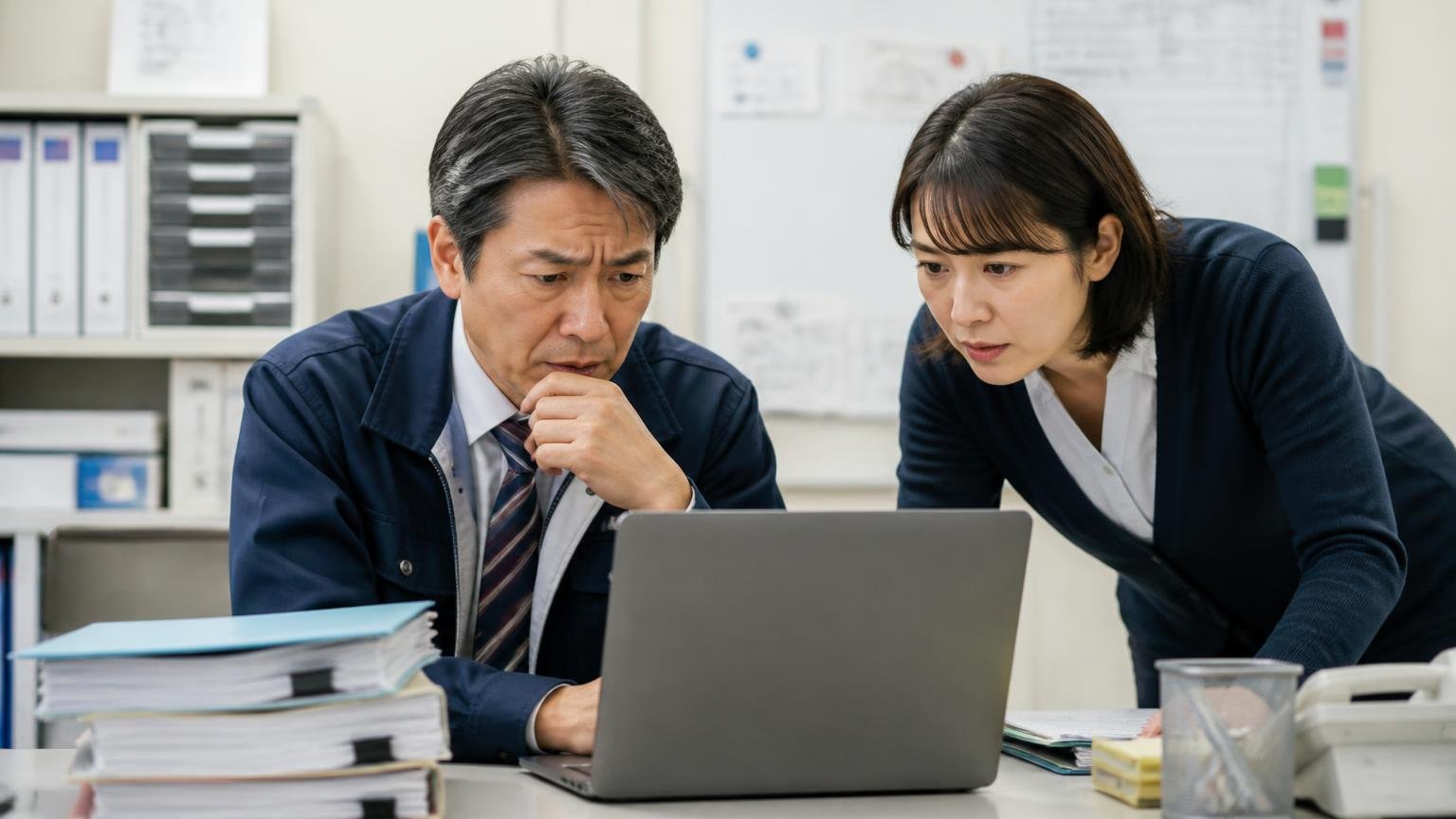 公的資料に書かれた原因 事務所のパソコンでリコール届出の資料を確認する机 経営者1人と事務担当1人 身を乗り出す