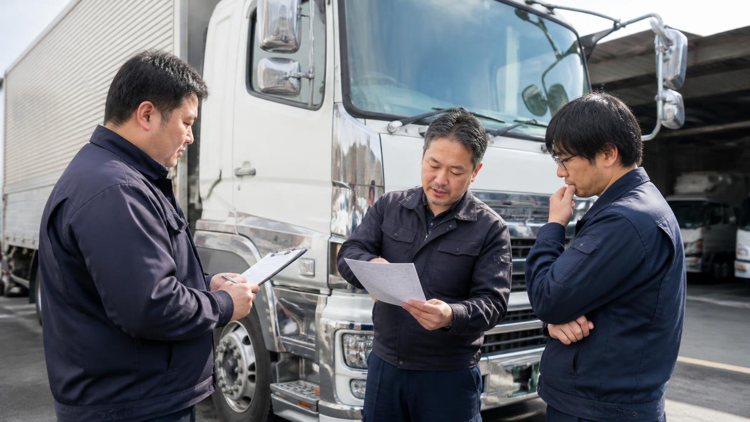 1社だけの査定額には物差しがない、営業所の車庫に停まった大型トラックの前で複数の査定士が車両を確認する、3人が書類を手に説明する
