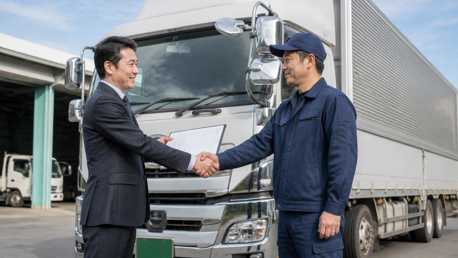 もう片方の数字は無料で手に入る。営業所の車庫で大型トラックを前に査定書を渡す男性1人と受け取る男性1人が握手