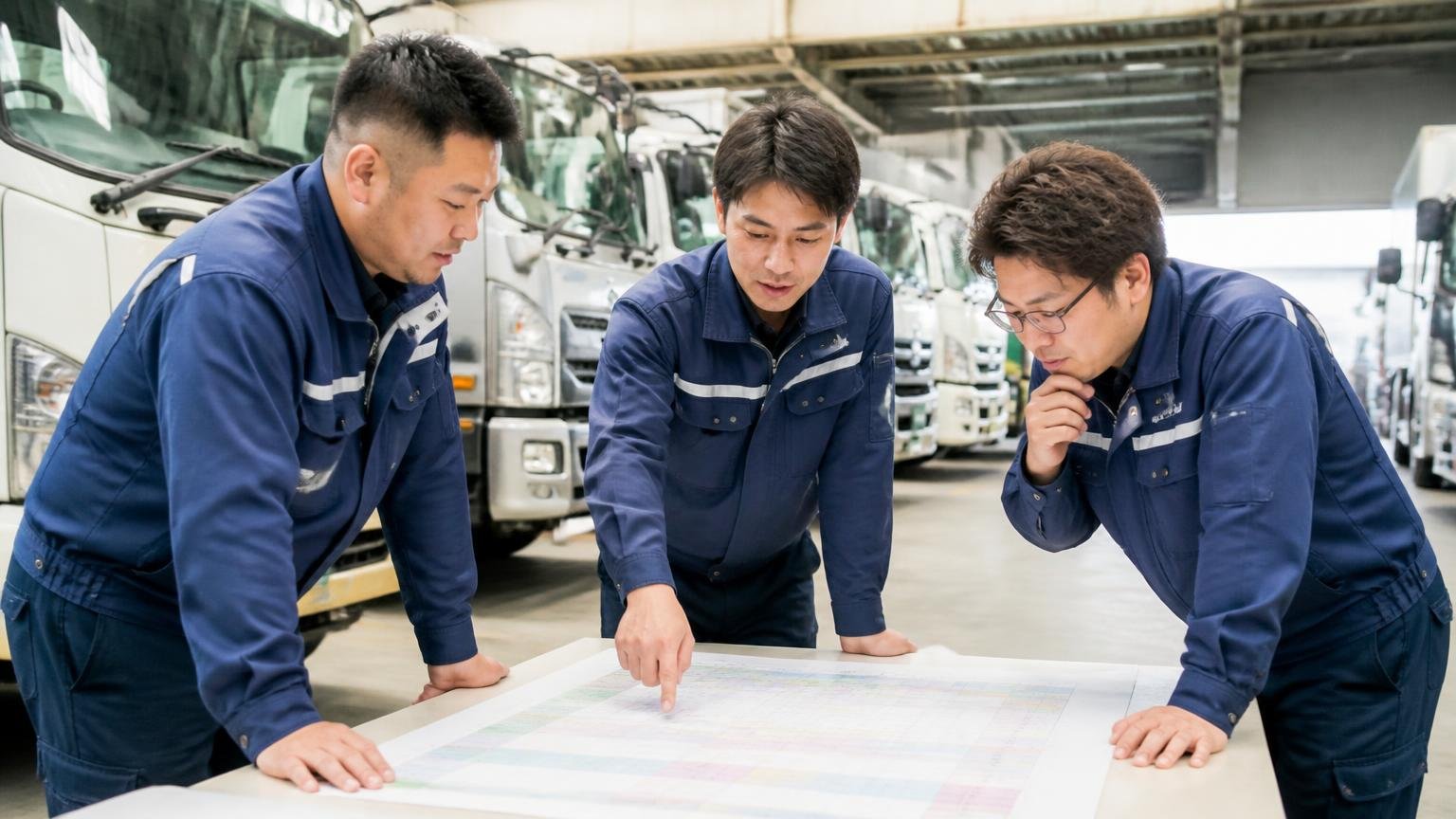 1台止まっても業務を回せる体制　大型トラックが複数台並ぶ営業所の車庫　男性3人　運行表を囲んで打ち合わせ