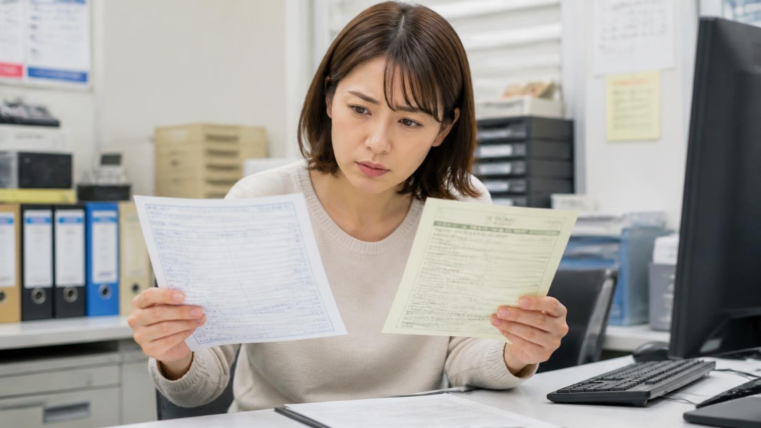 処分する前に確認したいこと 事務所でリサイクル券と車検証を確認する場面 女性1人 書類を見比べる