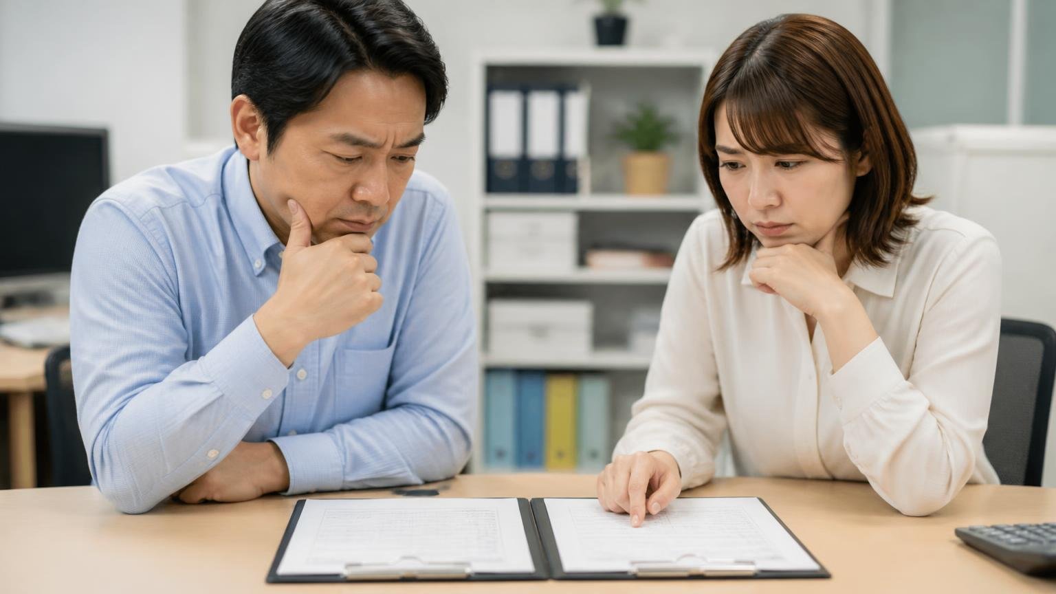 必要な数字は2つだけ|事務所の机で見積書と査定書を並べた男女2人が真剣な顔で見比べる