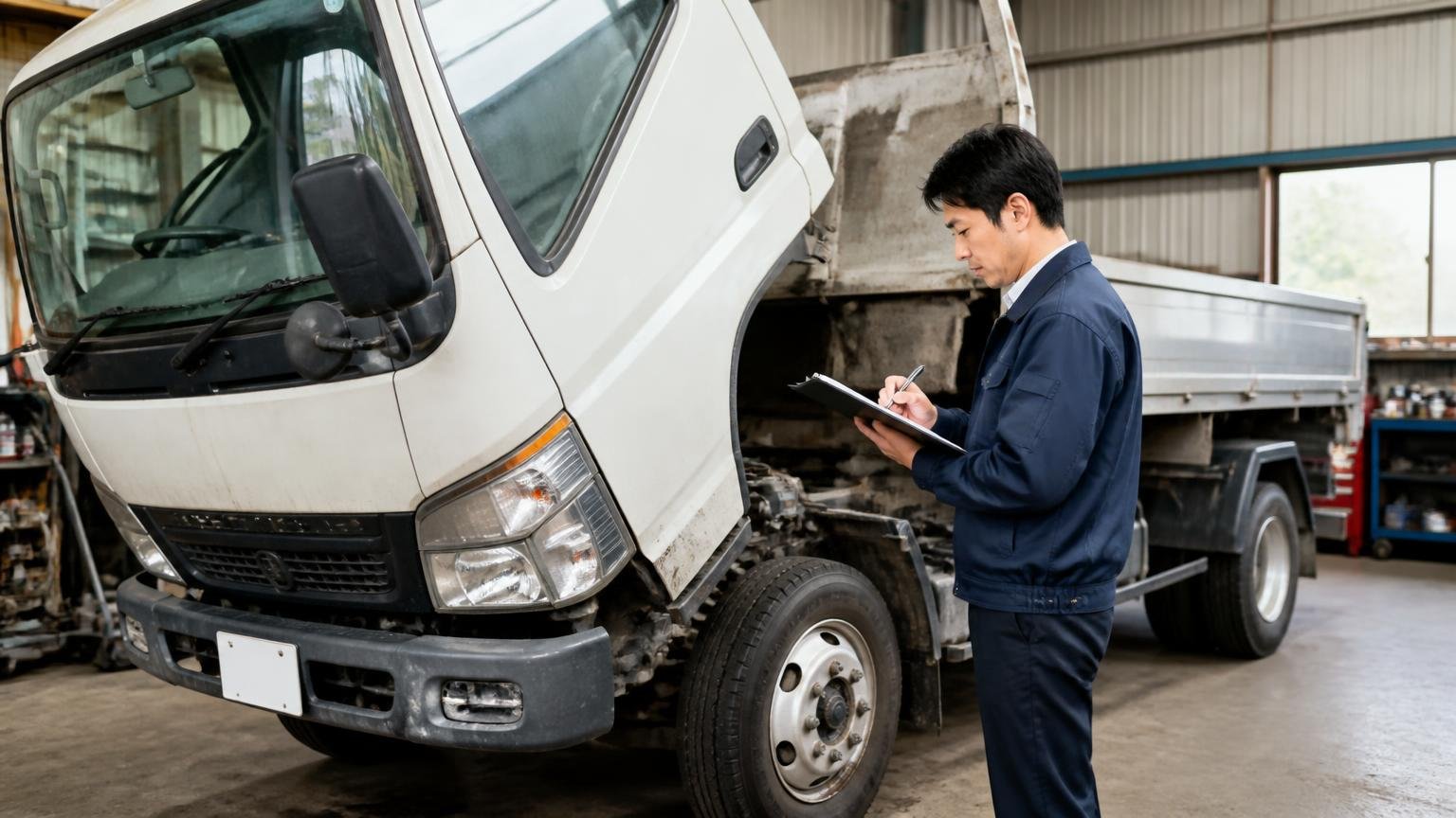 故障を抱えたキャンターでも査定を受け付ける買取業者 車庫に停まった不調のキャンターの前 査定員1人が車両を確認しメモを取る