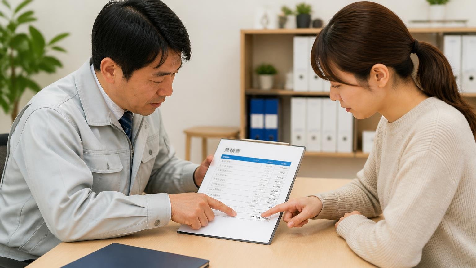 見積もりは書面で内訳までもらう。事務所で見積書を見ながら打ち合わせする男女2人が、金額の欄を指さして確認する