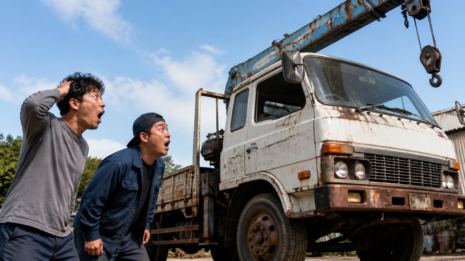 低年式・過走行・不動車は値がつかないと決めつける。屋外で古いクレーン付きトラックを見上げて驚く男性2人