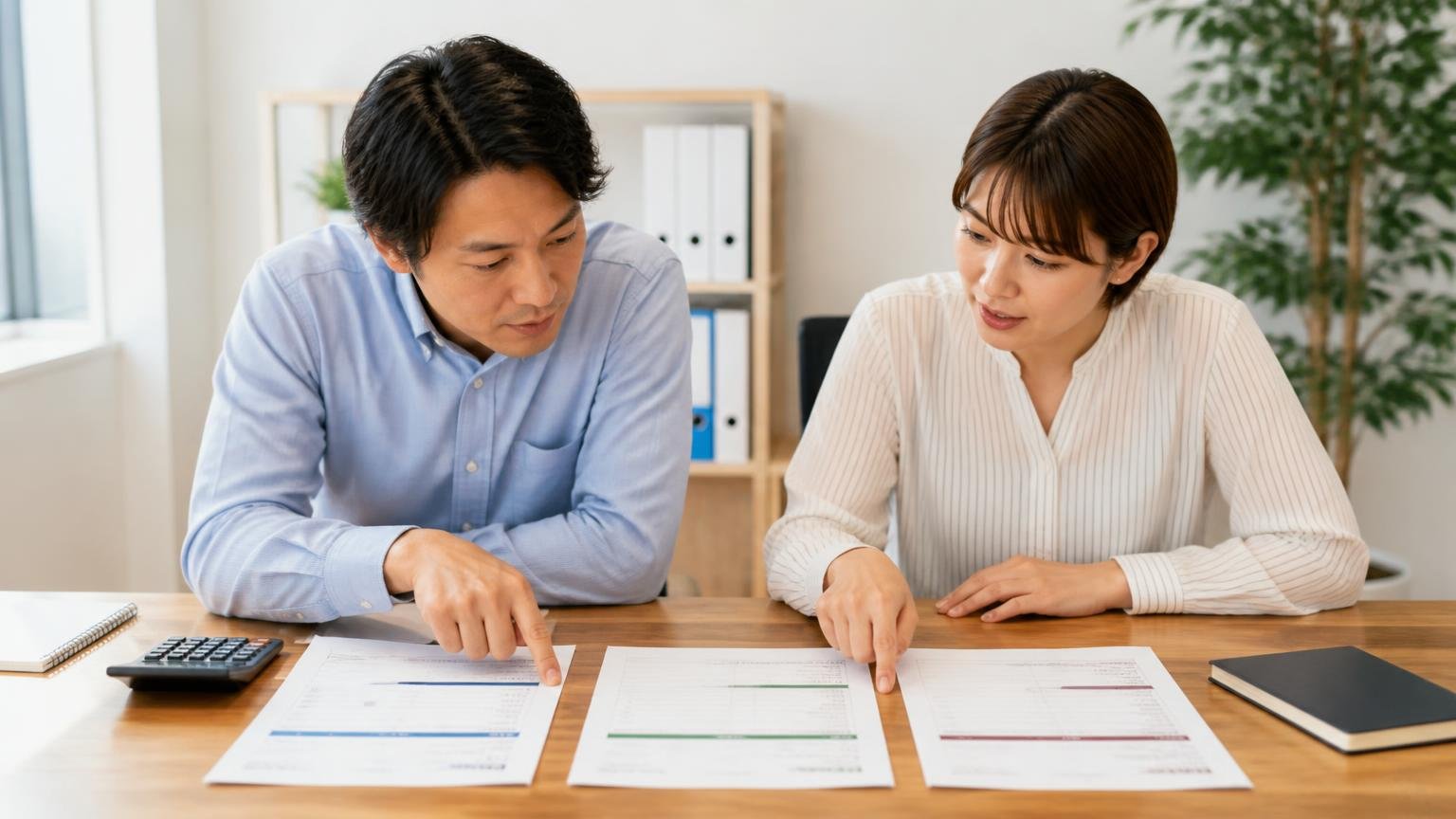 複数社比較は諦めなくていい。事務所で3社分の見積書を並べる男女2人が、指をさして相談する