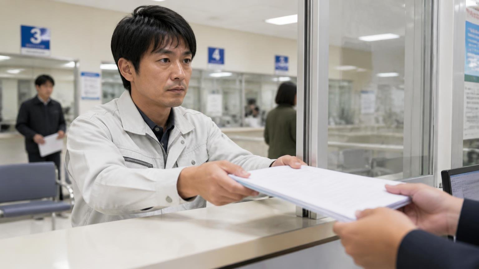名義変更の範囲。運輸支局の窓口で書類の束を差し出す作業着の男性1人が真剣な表情で待つ