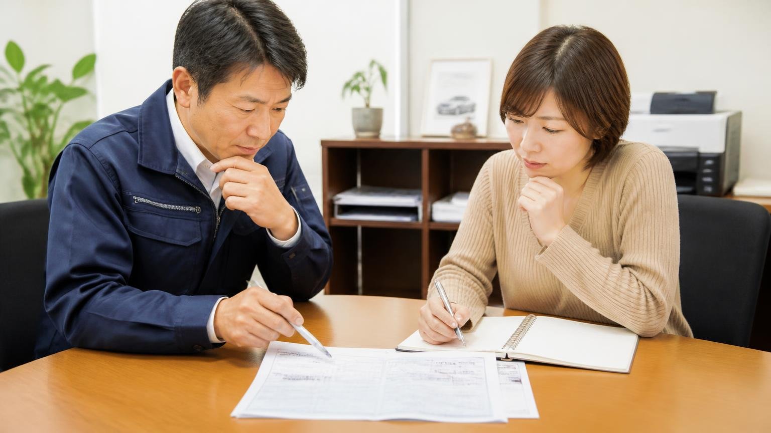 査定前に聞いておきたい5つのこと 事務所の机で車検証とメモ帳を広げて確認する男女2人