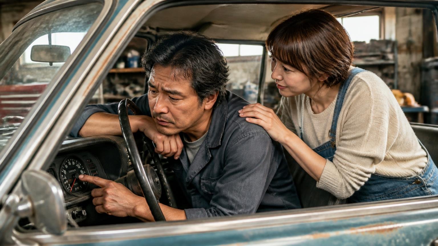値がつかないと自分で決めない。古びた車庫で走行距離計の数字をのぞき込みため息をつく男性1人と励ます女性1人