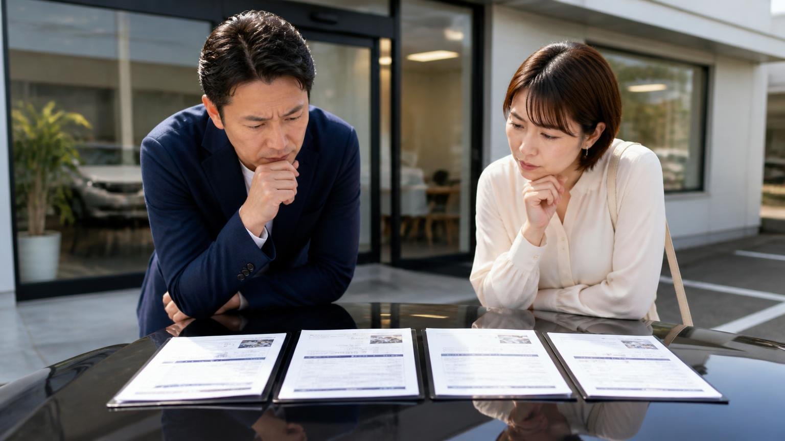 どちらに当てはまっても次にやることは同じ|営業所の前で複数の査定書を並べて見比べる男女2人