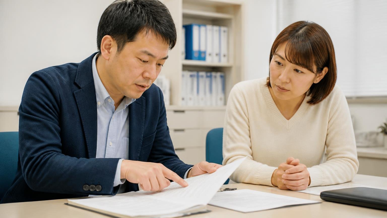 公的機関が示しているアドバイスはたった数行。事務所で契約書を1枚ずつ指でなぞって読む男性の前で、女性が真剣にうなずいている