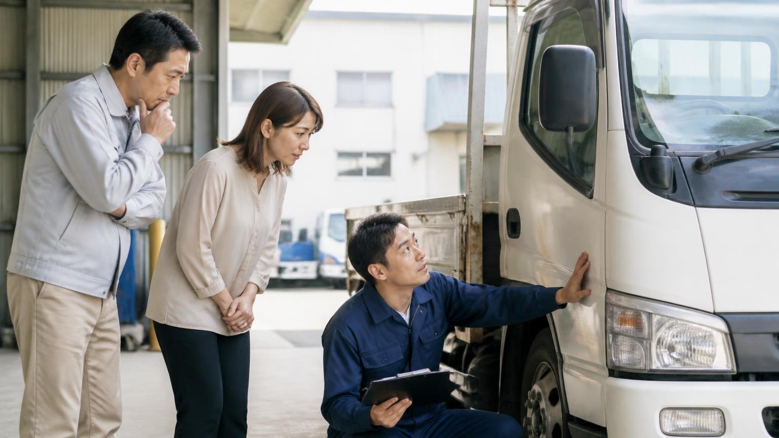今の1台の値段を確かめる買取業者を選ぶ。営業所の車庫で査定員がトラックを確認し2人が立ち会う場面