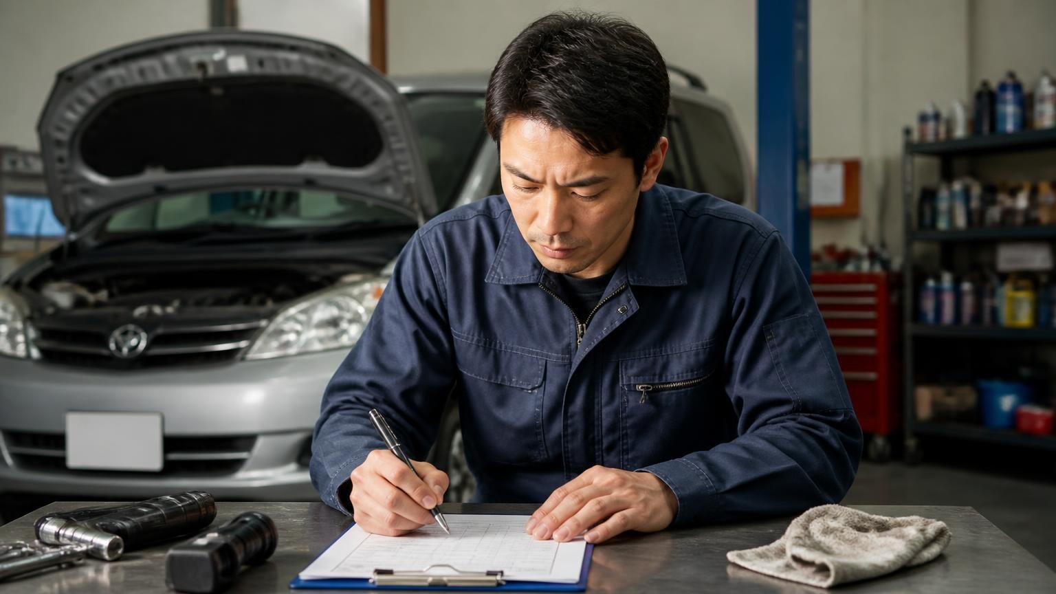 点検と予防整備を前倒しでやる習慣　車庫で点検記録簿に記入する男性1人　真剣な表情