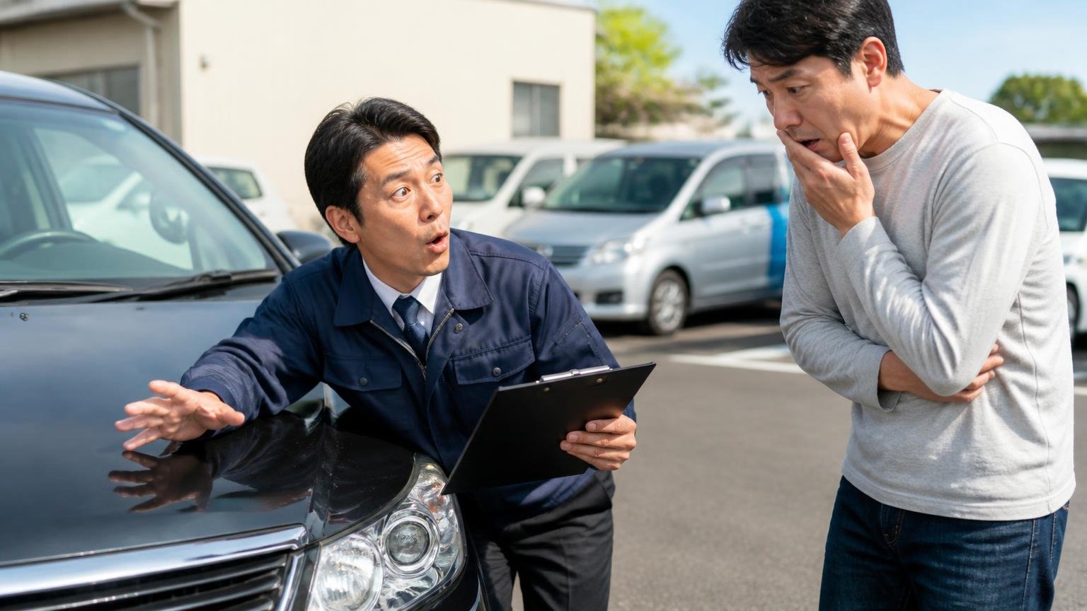 値段がつかないという思い込み|屋外の駐車場で査定士1人が男性1台の車体を確認し驚いた表情で説明する