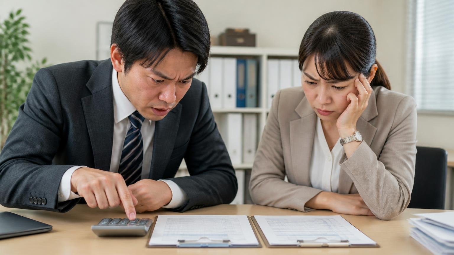 提示された総額だけを比べてしまう。事務所の机に2枚の見積書を広げて電卓を叩く男女2人が険しい表情