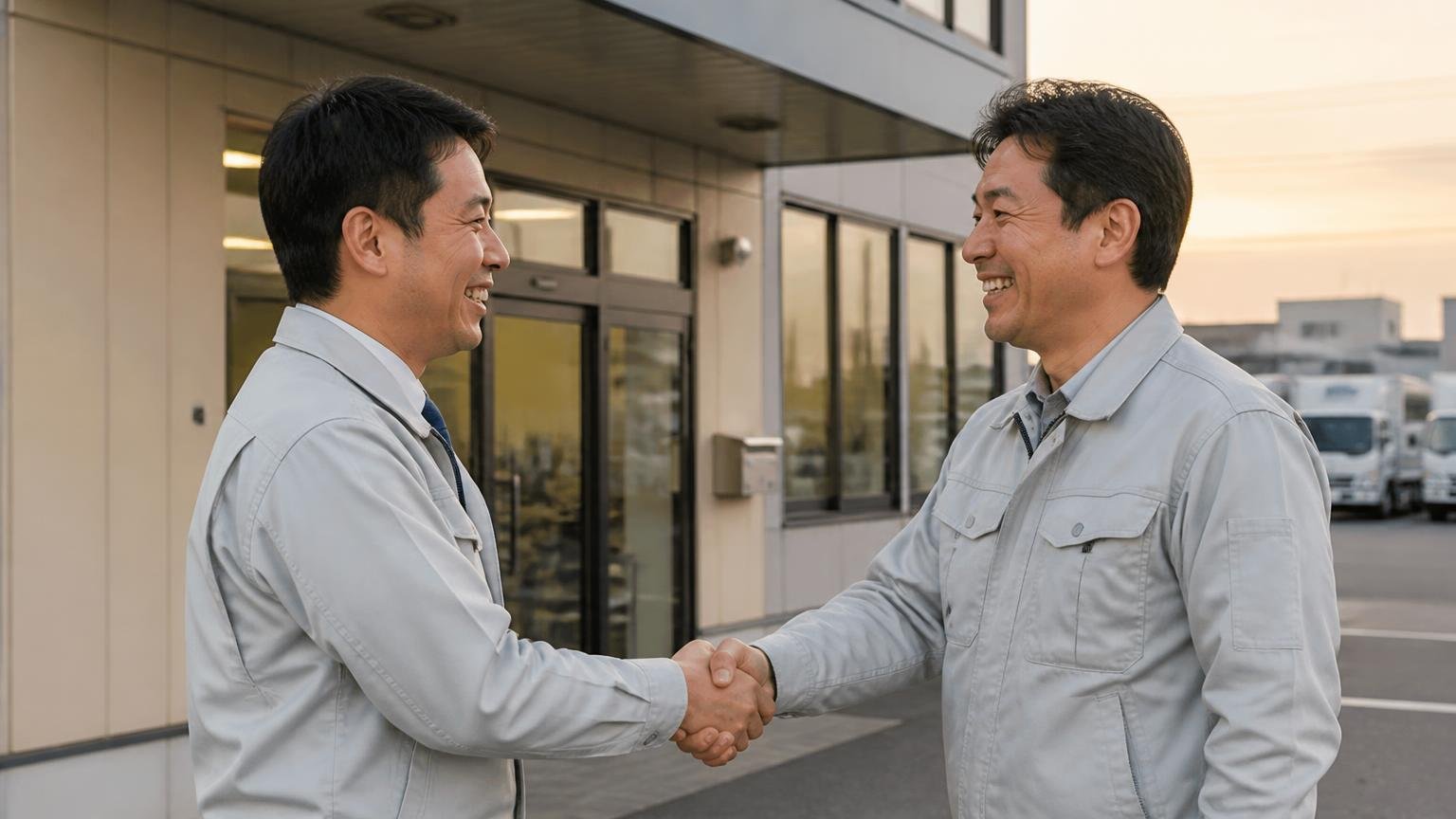 地元の老舗だからで決める前に。夕方の営業所前で握手を交わす作業着姿の男性2人が笑顔で向き合う