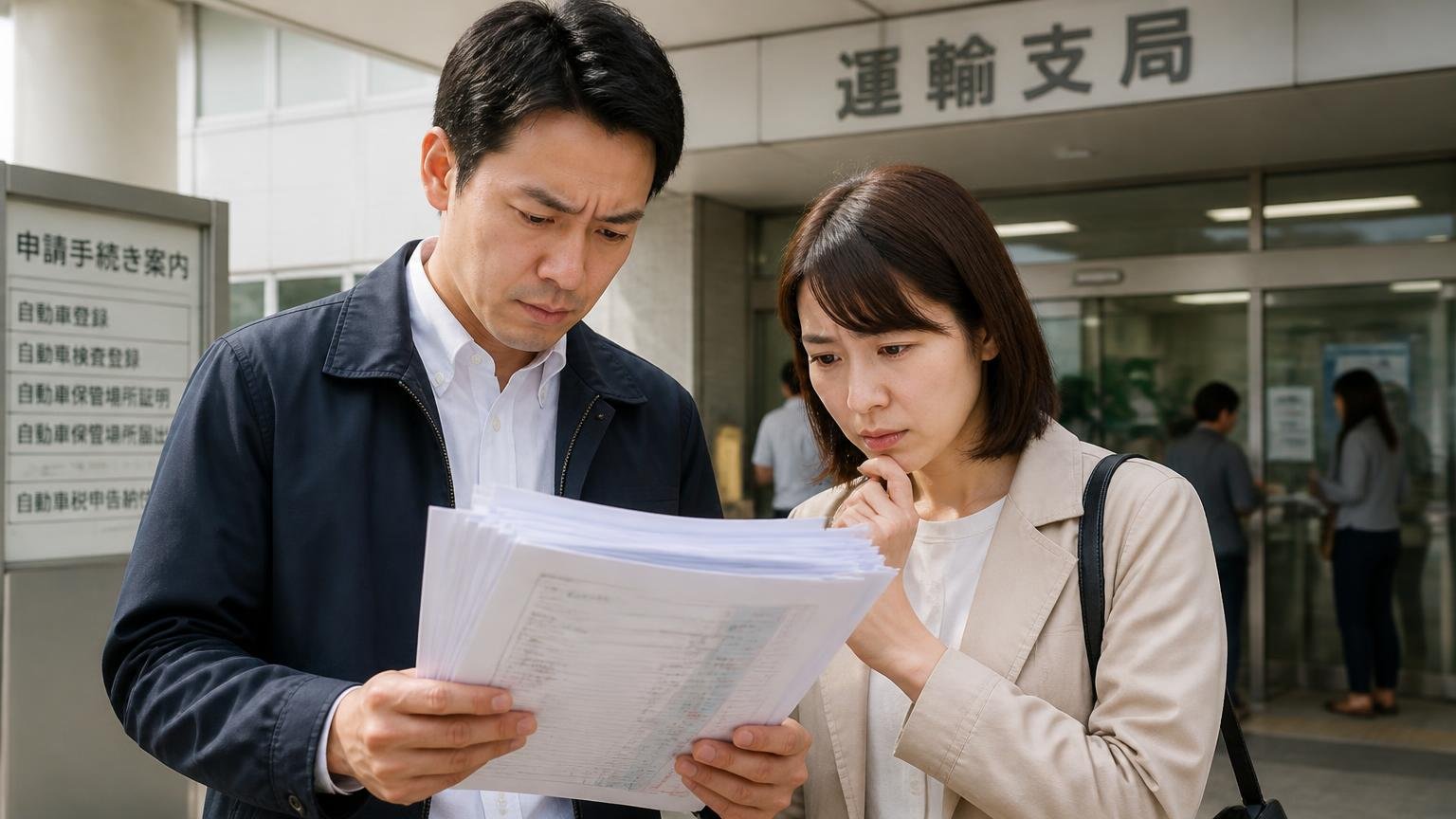 名義変更の書類を準備する場面。運輸支局の窓口前で申請書類の束を手に確認する人物2人が慎重な表情