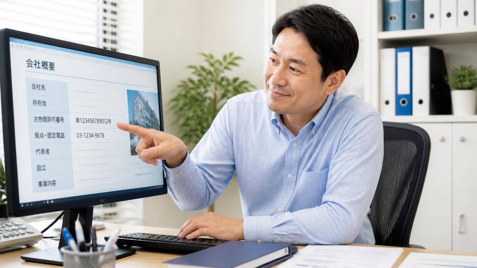 まず調べる2つは古物商許可番号と拠点・固定電話。事務所のパソコンで業者の会社概要ページを確認する男性が、番号を指さして納得の表情をしている