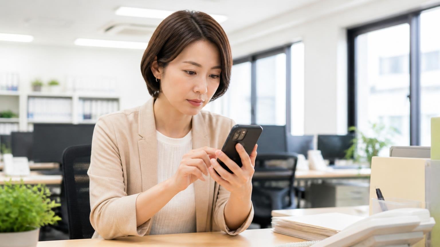 公式サイトに載っている買取の流れ。事務所で査定の申込フォームをスマホで入力する30代女性1人、真剣な表情
