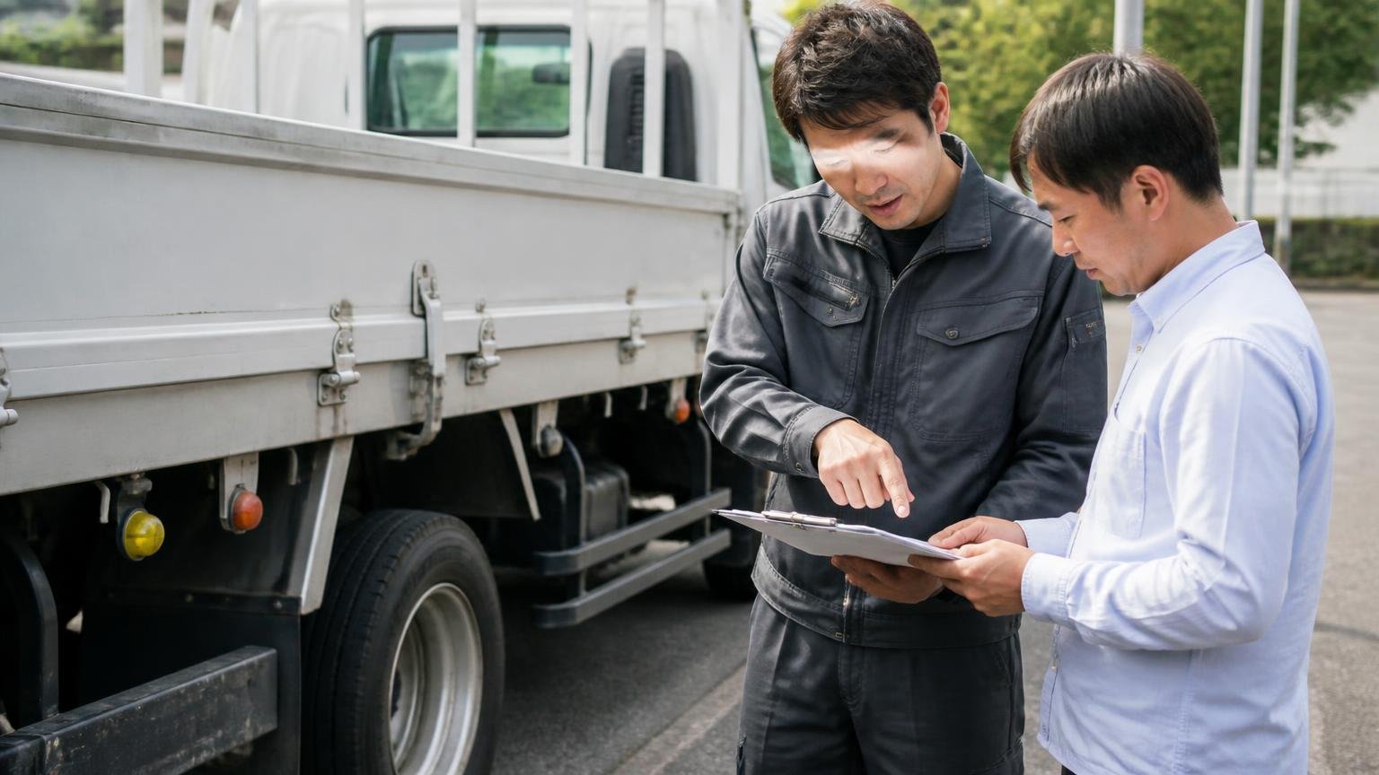 出張査定費と査定料とキャンセル料を確認する。トラックの荷台まわりを確認する屋外で2人が書面を指さす