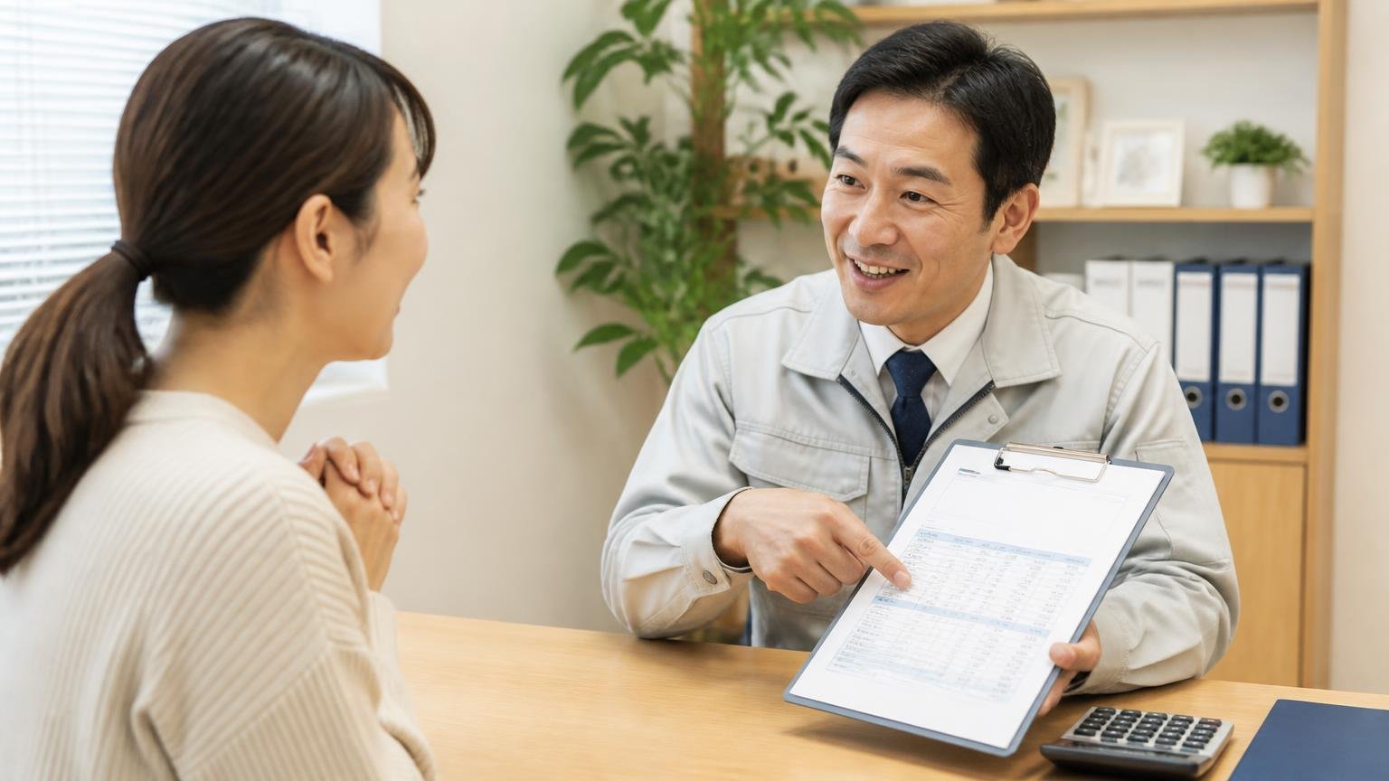 査定料や出張費は無料と明記。事務所で見積書を指さして説明する男性1人と聞く女性1人、安心した表情