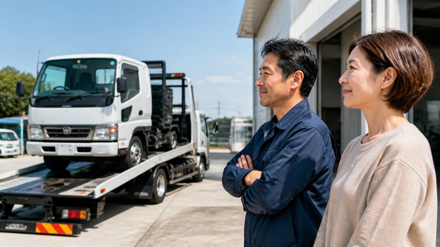 まず無料査定から。相見積もりの1社目に入れておきたいトラック買取業者3選 営業所の前で積車に載せられるトラックを見送る 2人 穏やかな表情で見届ける