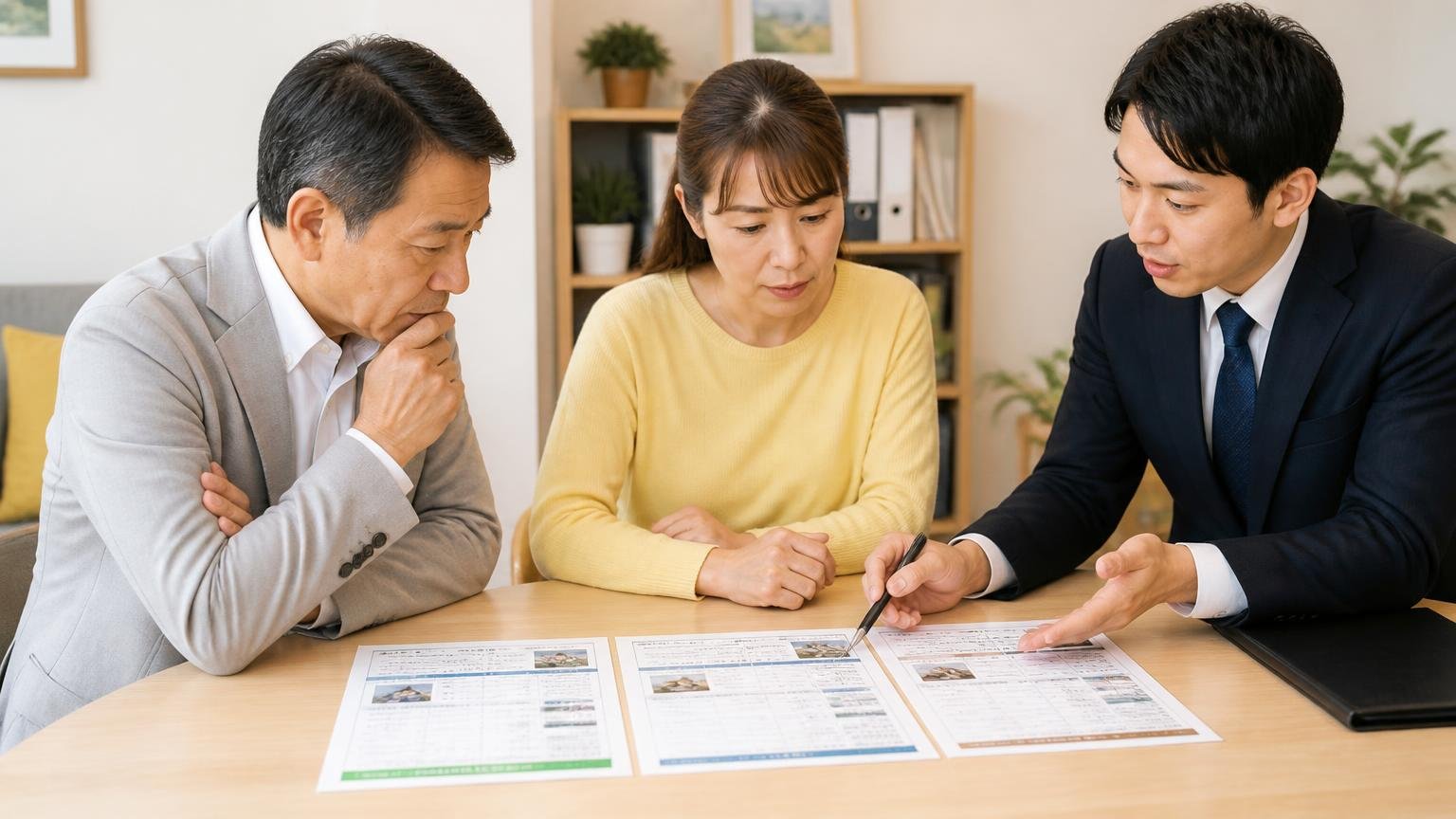 無料査定に対応した買取業者に相談 事務所で査定書を見ながら打ち合わせ 男女3人 書類を並べて比べる