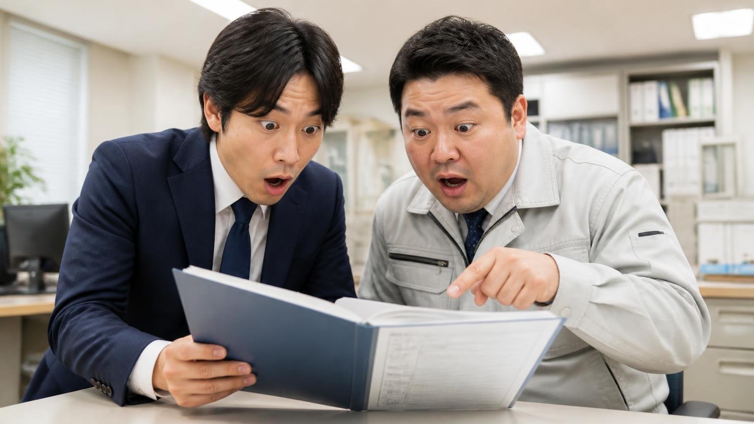 車検証の所有者欄を確認する。事務所で車検証のファイルを開いて所有者欄を確認する2人が驚いた表情