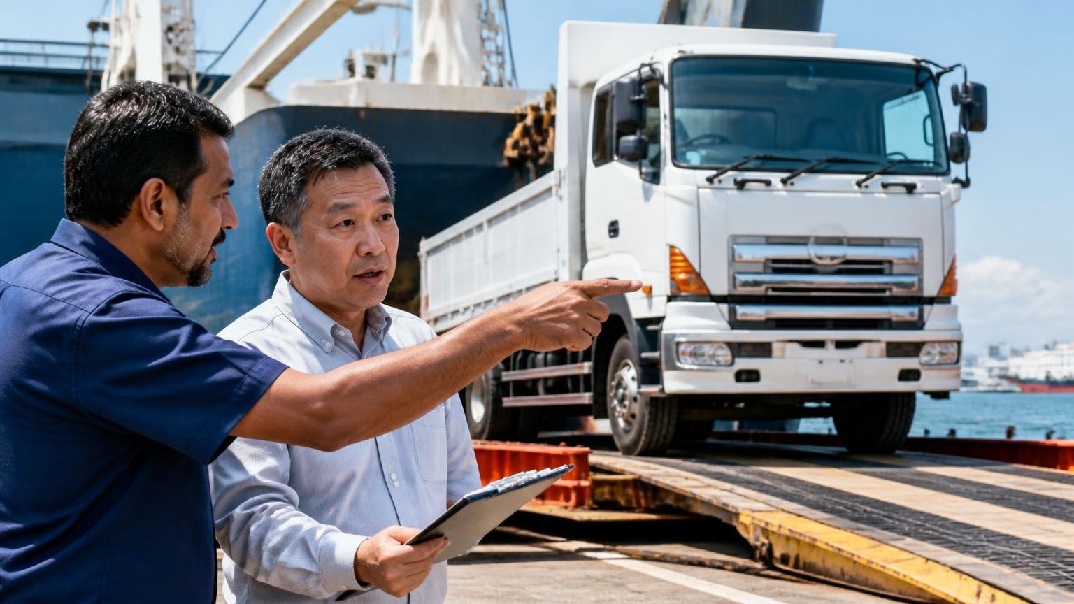 動かない1台にも買い手がいる3つの理由|港のヤードで積み込まれる中古トラックを指さす男性2人